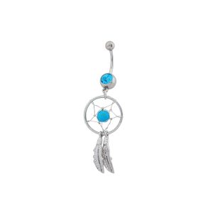 14G 10mm Navel Dangle Dream Catcher Aquamarine Surgical Stainless Steel